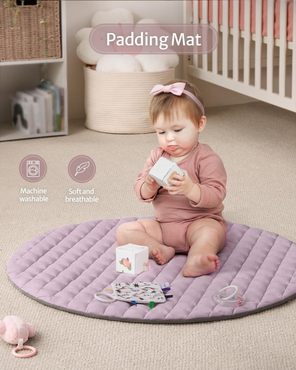 Blissful Diary Baby Play Gym Mat, Tummy Time Activity Mat with 6 Detachable Toys for Stage-Based Sensory & Motor Skill Development, Easy to Install & Clean, Baby Essentials Gift, Lavender Pink