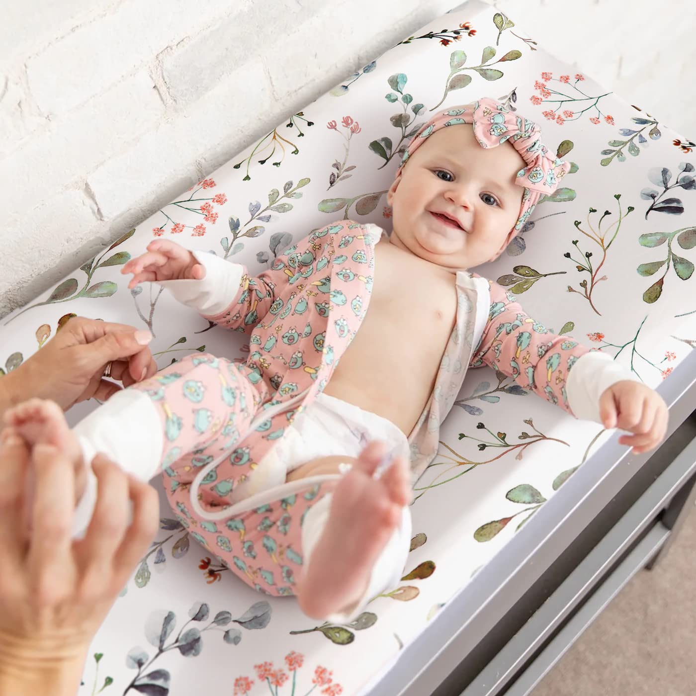 Stretch Ultra Soft Jersey Knit Changing Pad Cover Set 2 Pack, Change Table Pad Covers Fit 32"/34" x 16" Pads Safe and Snug, Stylish Watercolor Rose and Flora Pattern for Girls