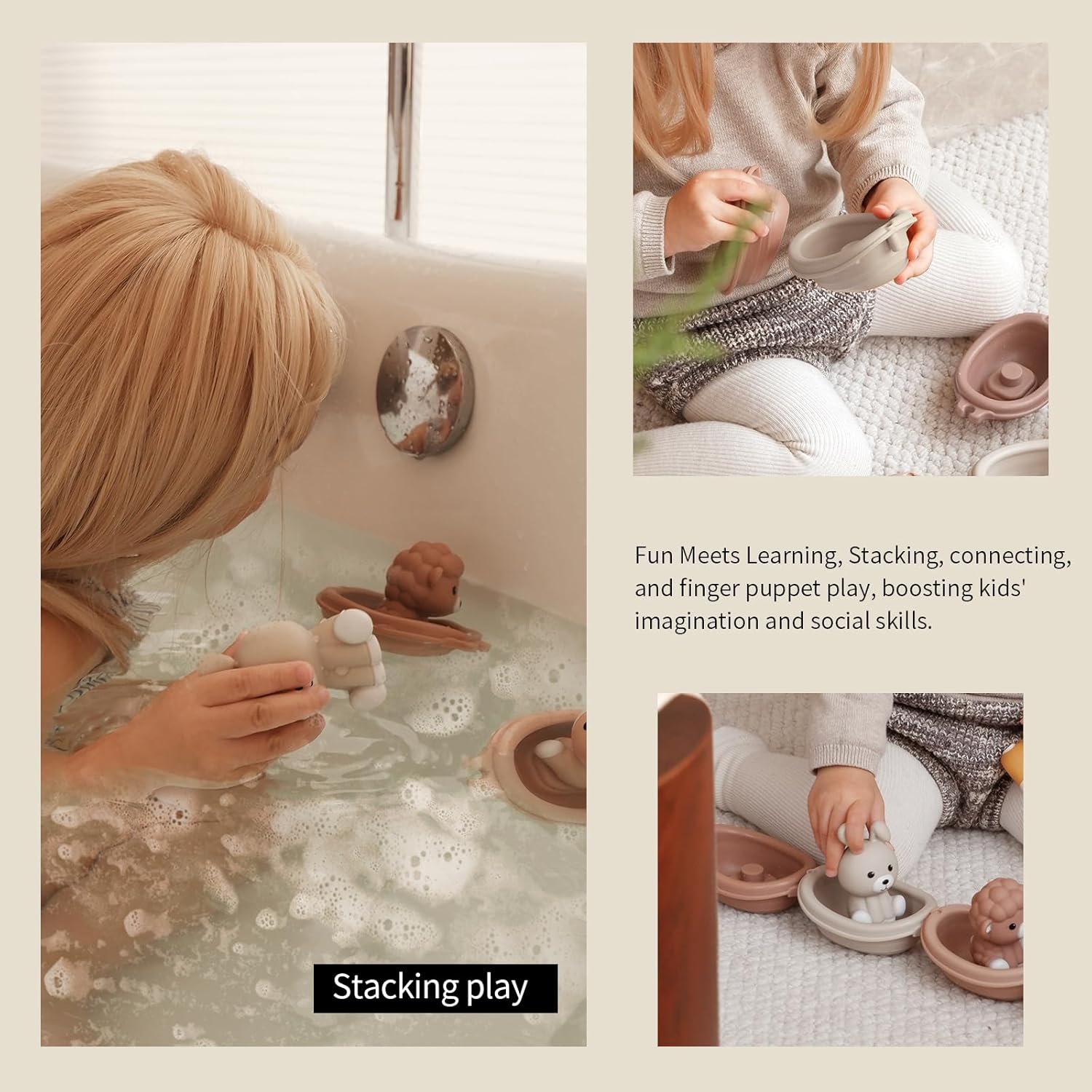 Nueplay Bathtub Toys for Toddlers 18M+，Baby Bath Toys with Animal Finger Puppets，Stackable Boat Train，Gift for Baby & Toddlers Set of 6