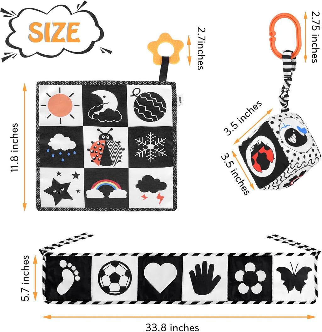 SAMMAS Black and White High Contrast Baby Toys 0-3 Months for Newborn Toys Infant Sensory Soft Book Infant Tummy Time Toys for Brain Development Montessori Learning Activities for Babies(3 Pcs)