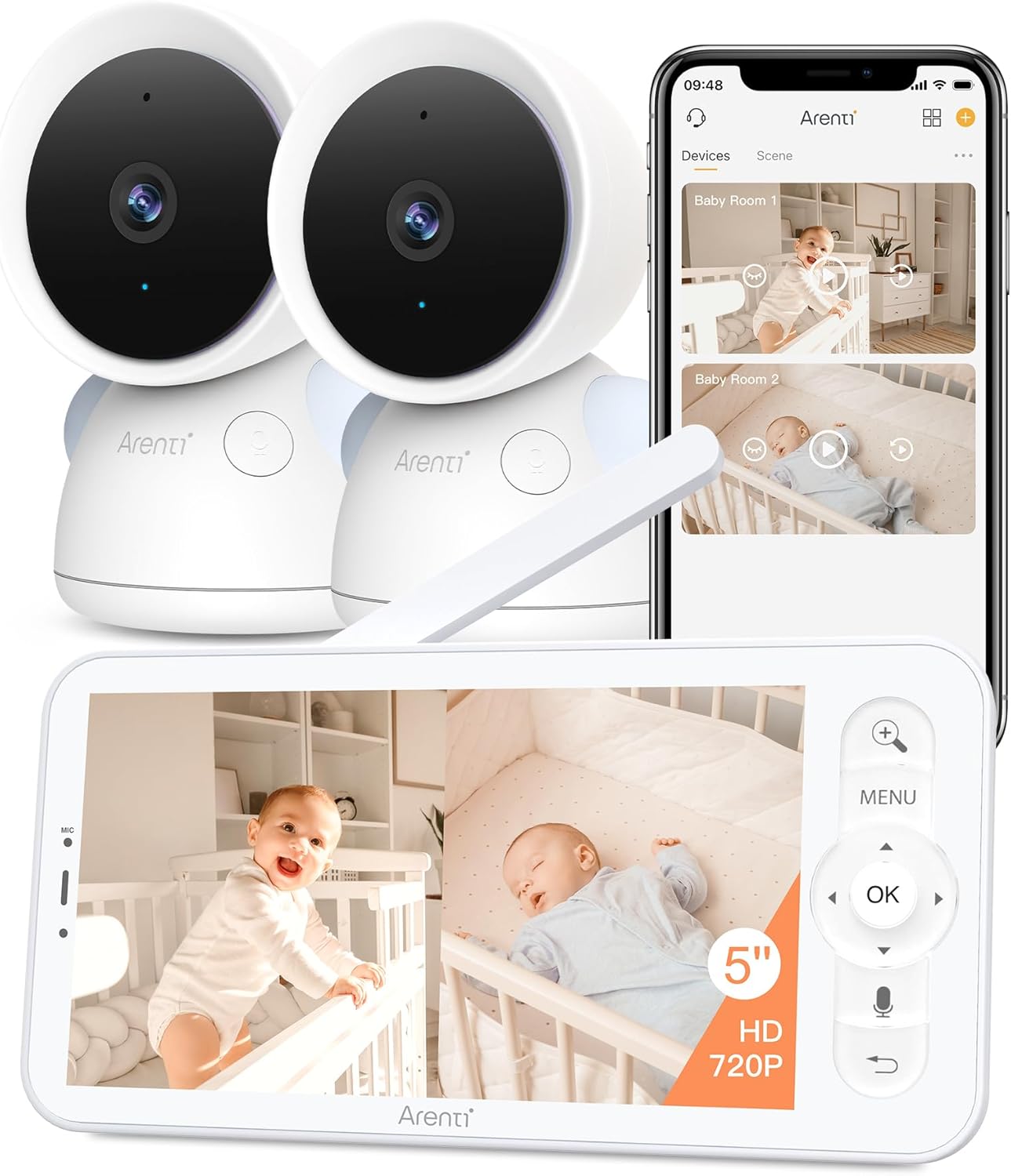 ARENTI Baby Monitor with 2 Cameras, 2K/3MP WiFi 6 Camera and Audio, 5-inch Wireless Screen, Smartphone App, Super Night Vision, Crying Detection, Auto Tracking, Temp&Humidity Sensor (D3 Set)