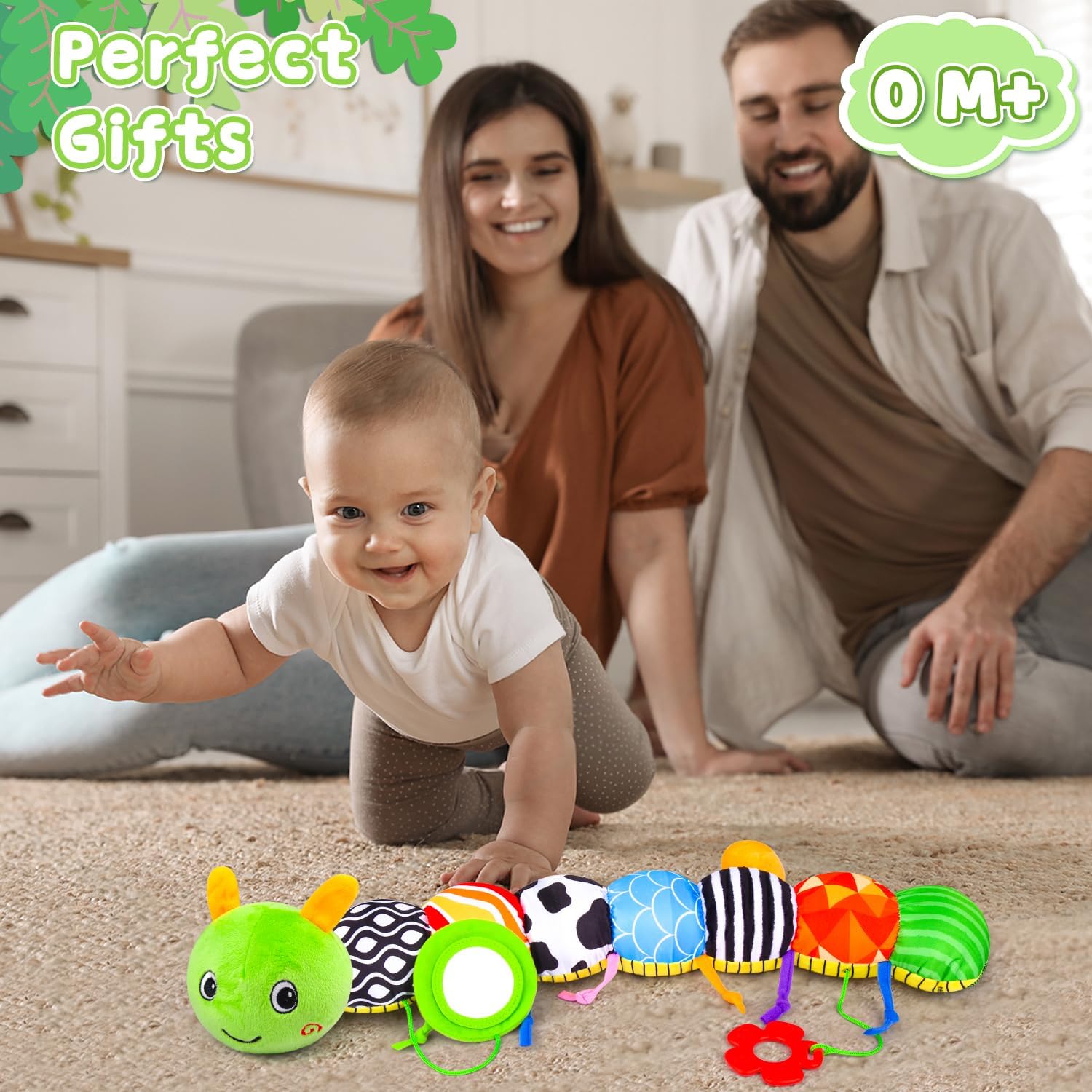 Baby Toys 0 to 12 Months, Stuffed Animal Infant Tummy Time Toys Sensory Toys with Crinkle, Rattles, Textures and Mirror Gifts for Newborn Boy Girls Toddlers, Caterpillar Musical Toy (Green)
