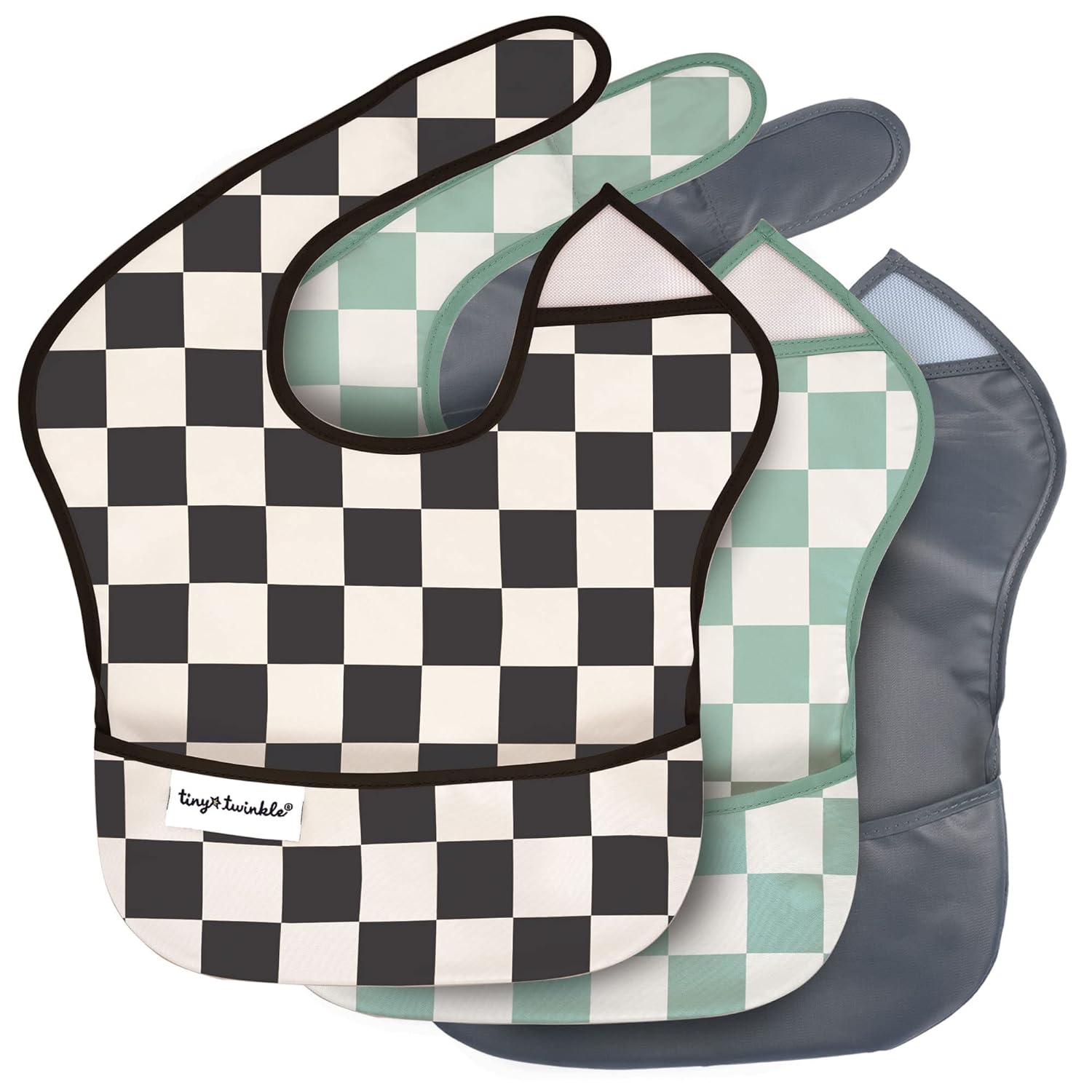Tiny Twinkle Mess-Proof Baby Bib - Waterproof Bib for Baby Boy or Girl - Machine Washable - Adjustable Closure - PVC, BPA, & Phthalate Free - Great for Travel - Baby Food Bibs (3 Pack, Checkers Boy)