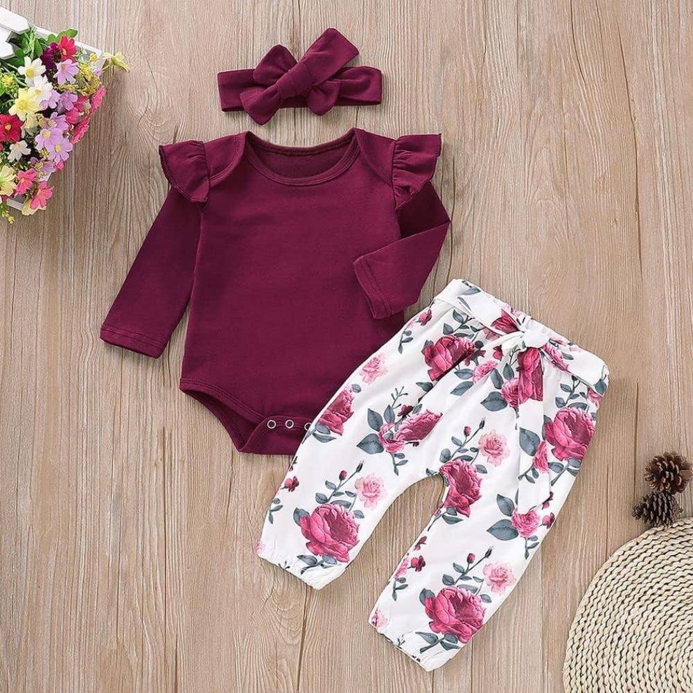 Newborn Baby Girl Clothes, Infant Girl Outfits Long Sleeve Ruffle Romper + Floral Pants + Headband Set