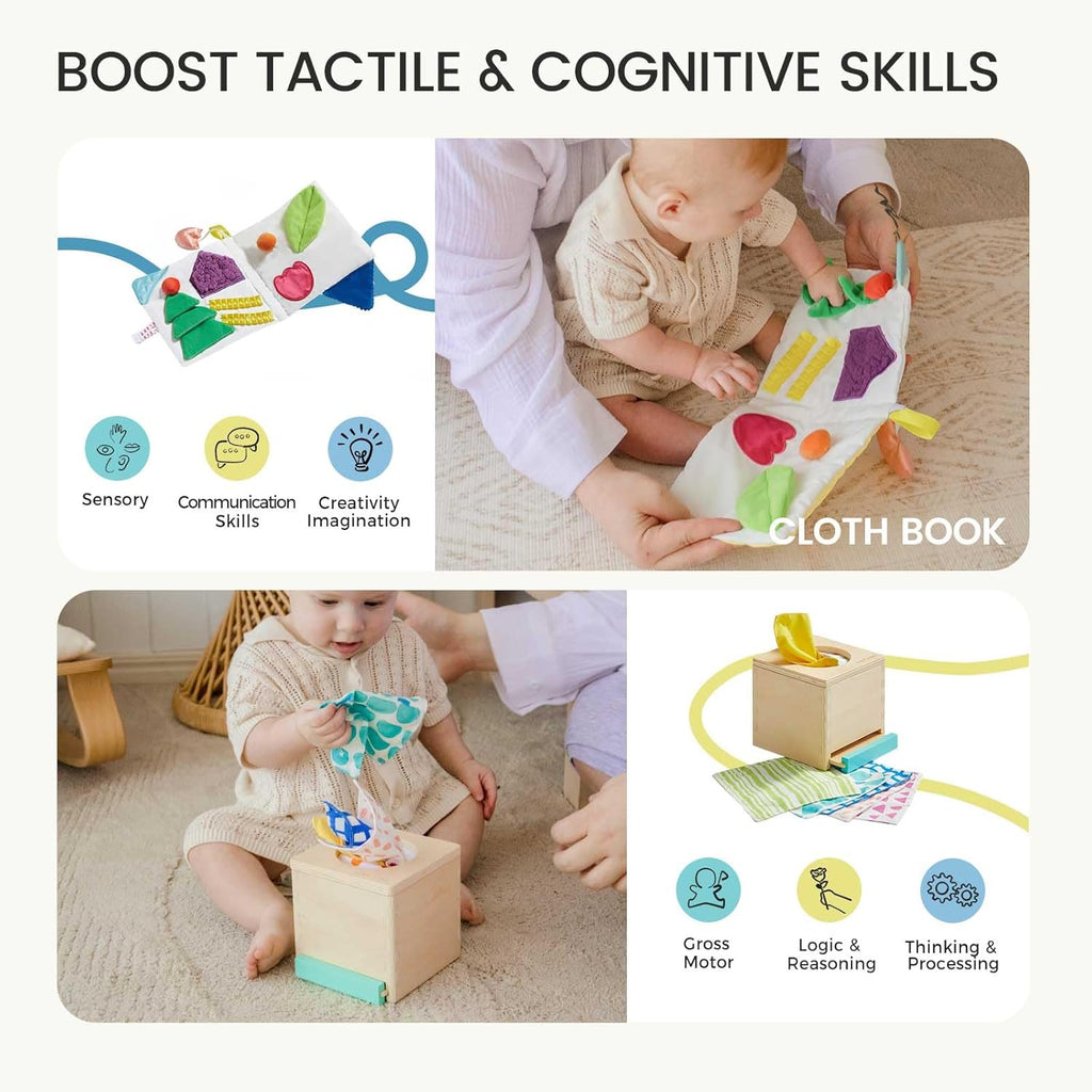 Tiny Land Montessori Baby Toy Set 4-6 Months – Early Learning Motor Skills Development Kit with 4-in-1 Soft Cloth Book, Spinning Rainbow Toy, Silicone Blocks and Baby Tissue Box