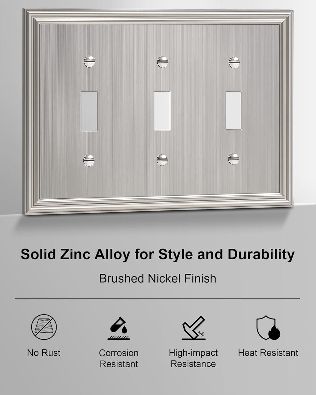 2-Pack Triple Toggle Light Switch Cover Plate, Durable Solid Zinc Alloy Decorative Switch Plate Covers, Brushed Nickel 3 Gang Wall Plate, Corrosion Resistant