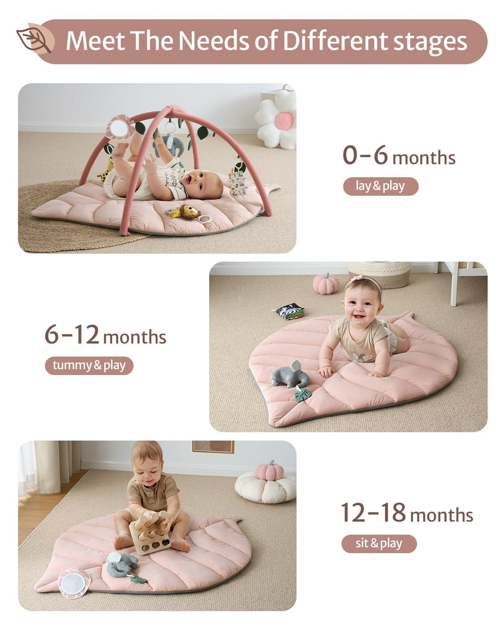 Blissful Diary Baby Play Gym & Activity Mat, Oversize Leaf Shaped Tummy Time Baby Play Mat w 6 Detachable Toys Promotes Motor Skills & Sensory Development, Newborn Infant Essentials Gift, Crystal Pink