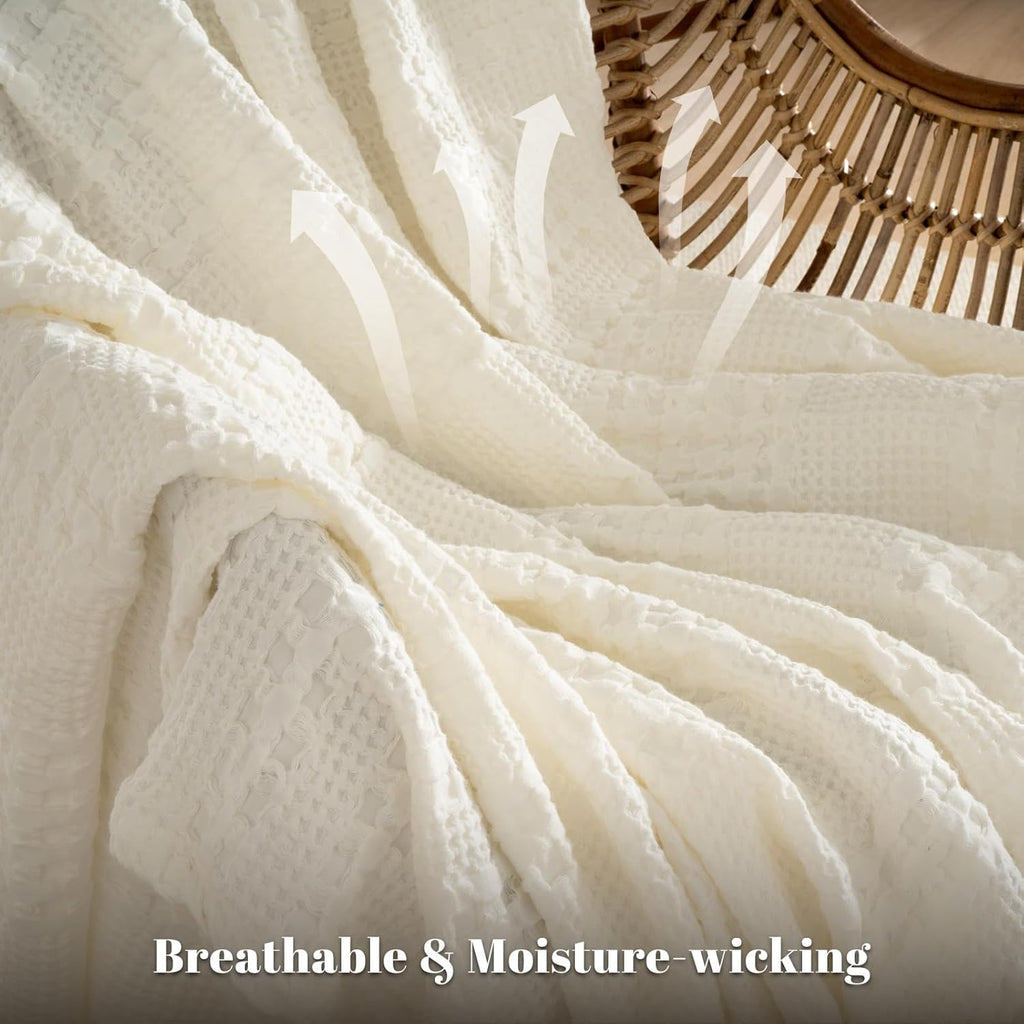 PHF 100% Cotton Waffle Weave Blanket King Size, Soft Lightweight Breathable Cozy Summer Blankets for Bed, Luxury Aesthetic Woven Bedding for Home Decor, 108"x90", Ivory