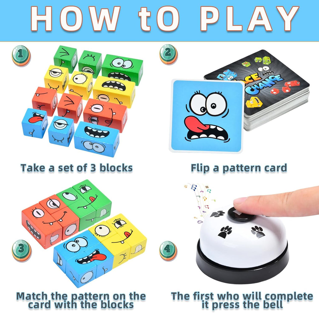 Wooden Face Changing Magic Cube Game, Expression Puzzle Building Blocks Pattern Matching Game, Educational Puzzles Toy Board Games for Kids and Adults with Bell