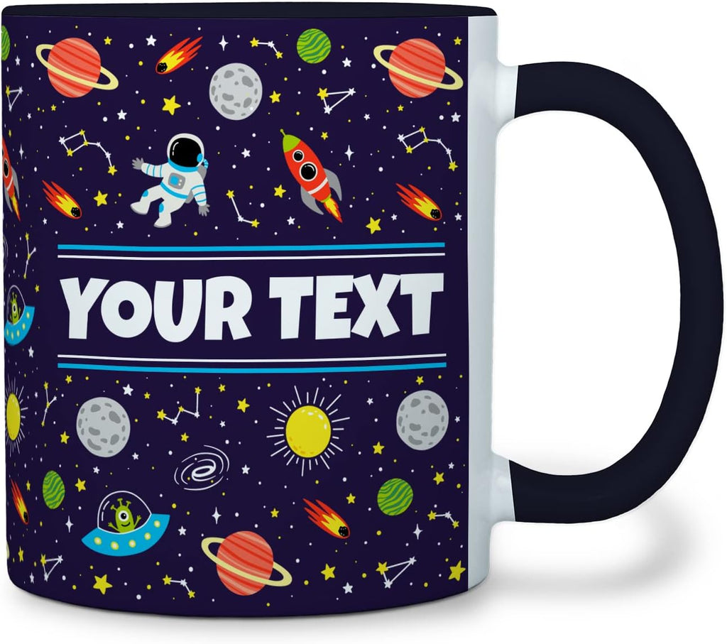 Personalized Mug for Kids - Outer Space - Custom Name/Text, Ceramic Hot Chocolate/Cocoa/Coffee Cup for Boys/Girls, Birthday/Christmas/Holiday Gift - 11 oz, Black Handle