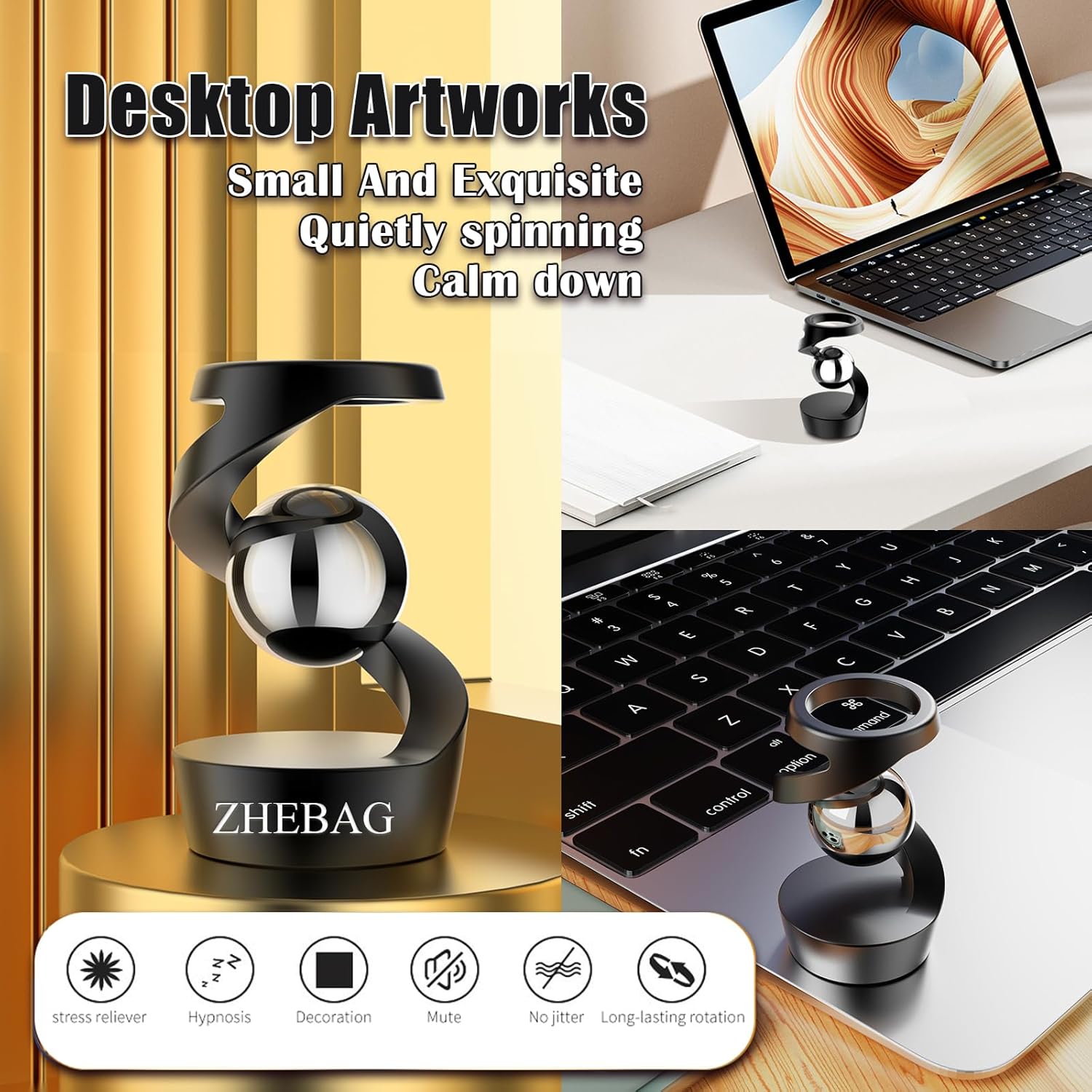 Kinetic Desk Toy, Metal Fidget Toys for Adults, Unique Optical Illusion Stress Reducing Desktop Spinning Toy, Adult Sensory Toys, Decorative Gifts for Offices and Cars(Gray-Rose Gold)