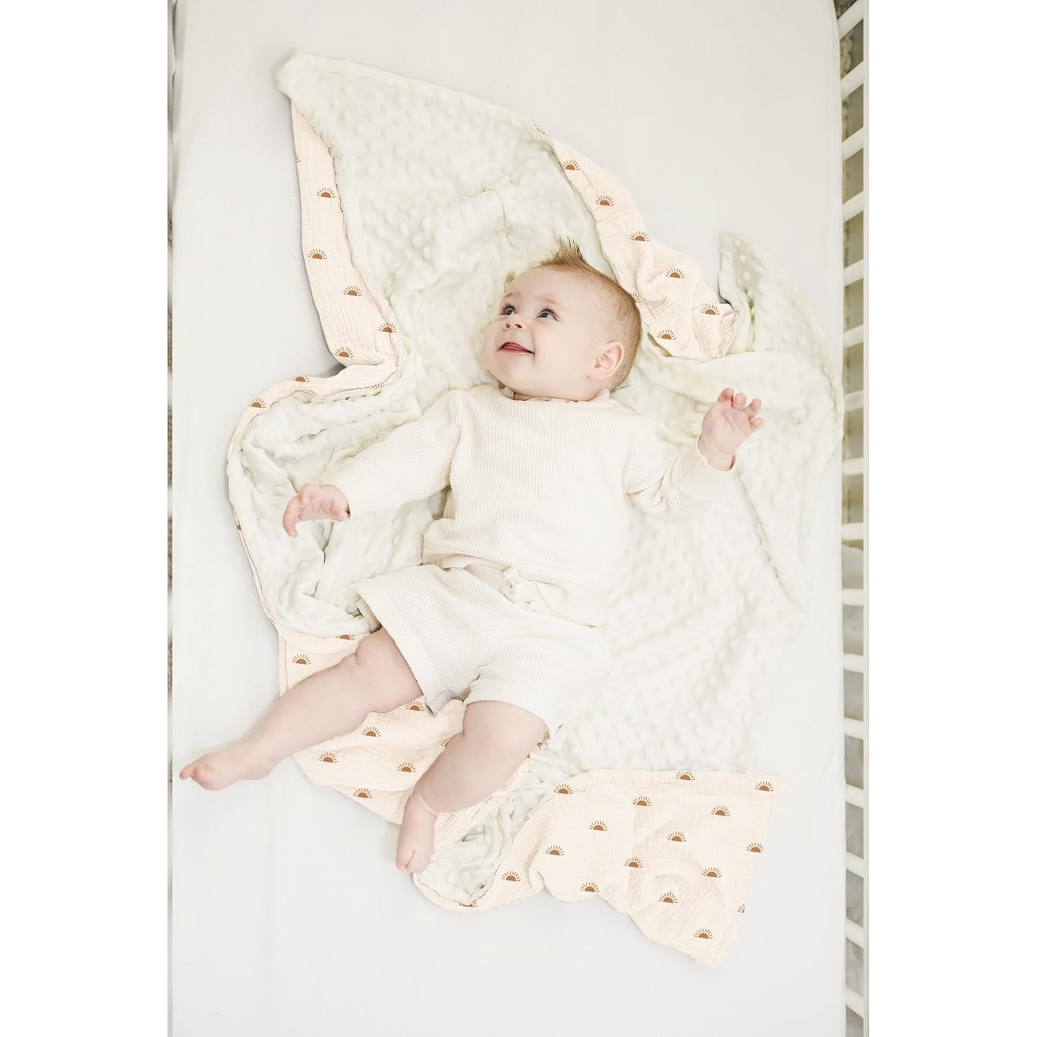 Konssy Baby Blankets for Unisex Boys Girls, Super Soft Nursery Minky Blankets with Muslin Cotton Front and Dotted Fleece Backing, Printed Bed Throws Newborn