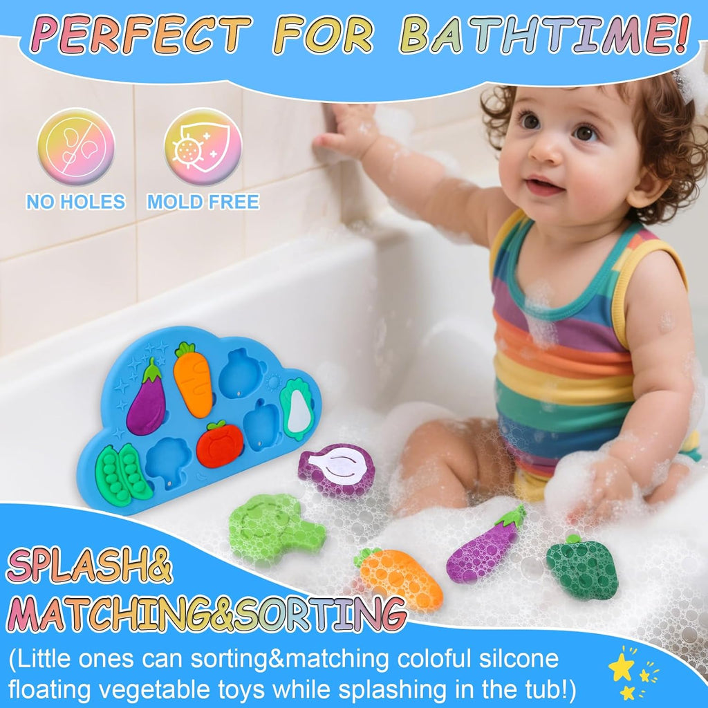 Baby Bath Toys, 100% Silcone Mold Free Vegetable Bath Toys, Soft Toddlers Floating Bathtub Toy, No Hole Tub Water Toys, Shape Sorting&Matching Educational Learning Toys Gift for Boys Girls Kids