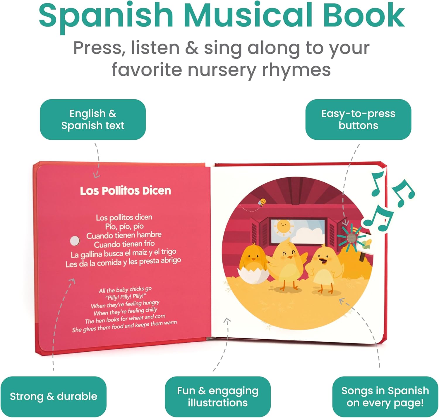 Binibi Spanish Musical Book for Babies & Toddlers 1-3 Los Pollitos Dicen & Other Nursery Rhymes | Spanish Learning for Kids | Bilingual Children's Book | Sound Book | Libro en español para bebés