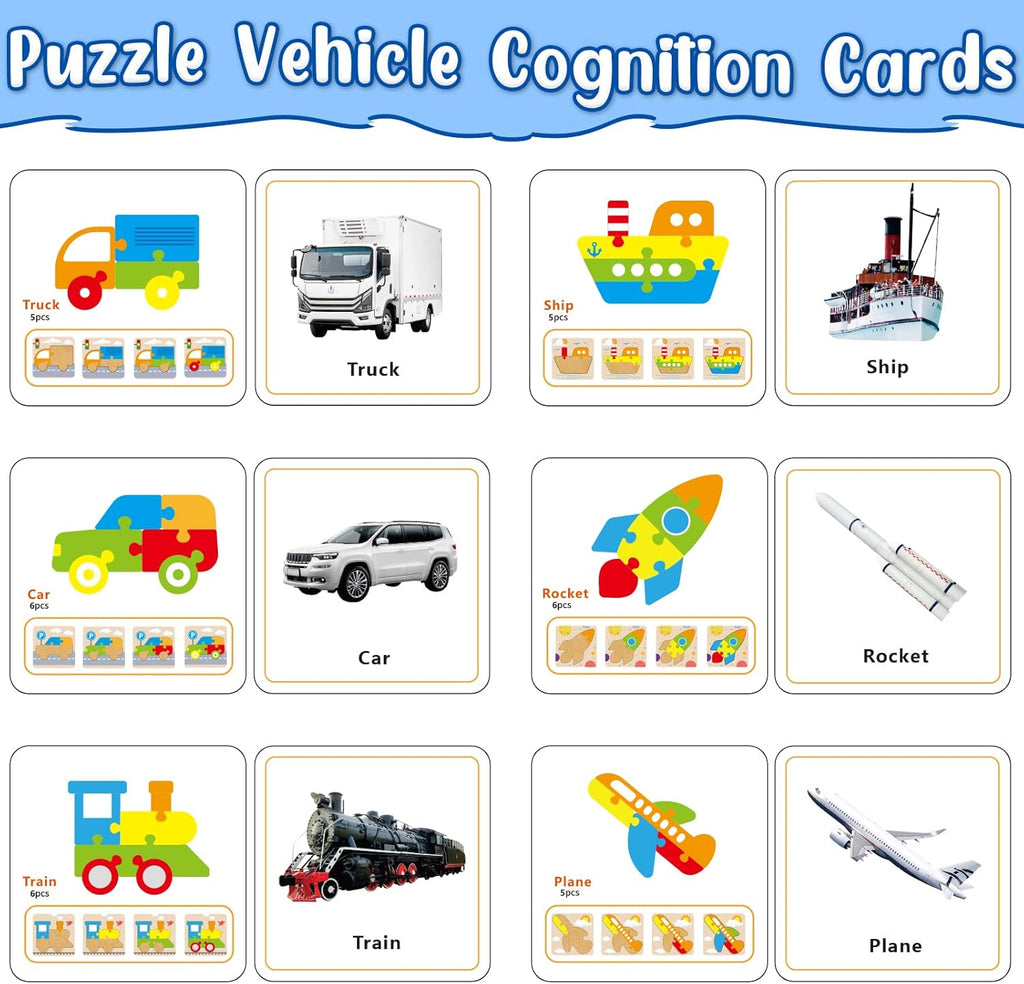 Wooden Vehicle Puzzles Toy Gift for 1, 2, 3 Years Old Boys Girls, Toddler Best Birthday Gift with 6 Vehicle Baby Montessori Color Shapes Learning Puzzles - Kids Educational Developmental Toys