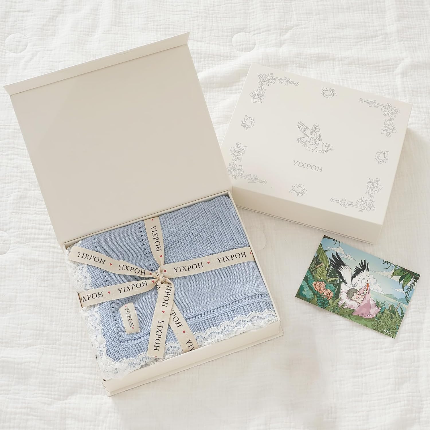 100% Organic Cotton Baby Blanket Knitted Softer Receiving Swaddle Warm Cozy Cuddle Crib Blanket for Newborns Infants Toddlers Boy and Girls Sky Blue