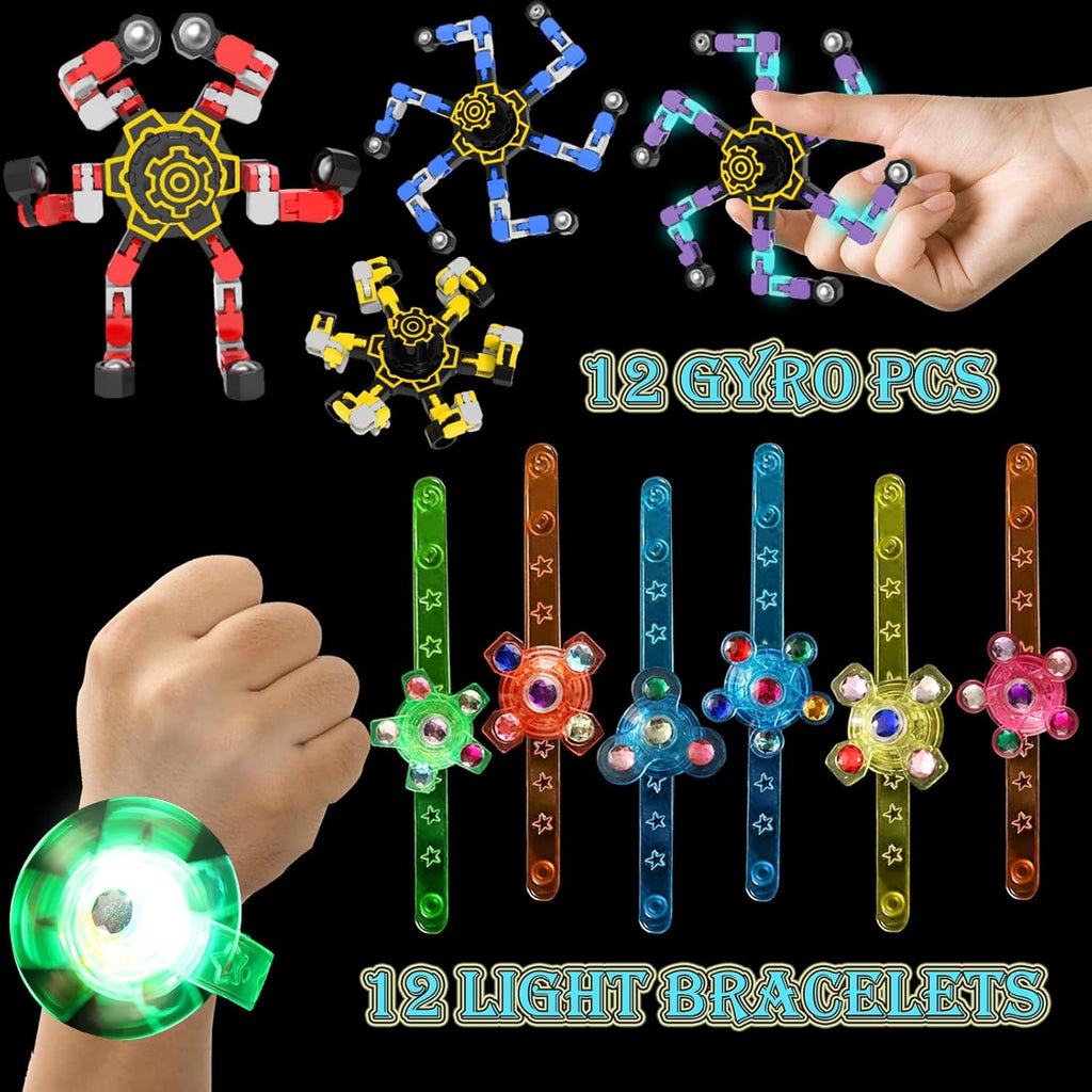 24 Pack LED Light Up Fidget Spinner Bracelets and DIY Deformable Robot Fidget Spinners,Stress Relief Toy for Kids Adults,Party Supplies,Treasure Box Toys for Classroom, Birthday Gifts
