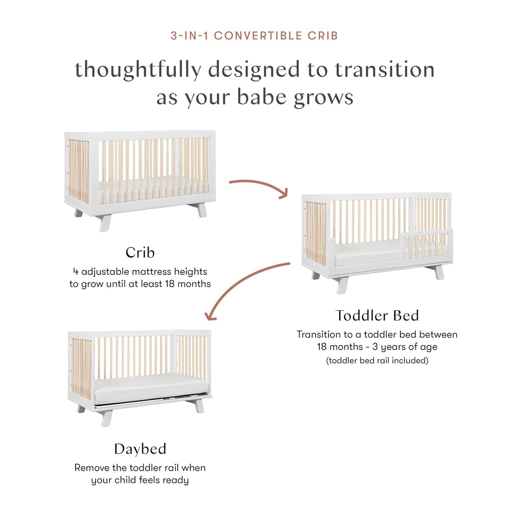 Babyletto Hudson 3-in-1 Convertible Baby Crib with Wooden Toddler Bed & Daybed Conversion - Easy to Assemble & GREENGUARD Gold Certified - 4 Adjustable Mattress Heights - White & Washed Natural