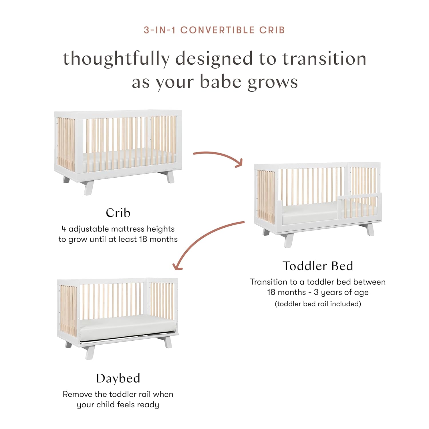 Babyletto Hudson 3-in-1 Convertible Baby Crib with Wooden Toddler Bed & Daybed Conversion - Easy to Assemble & GREENGUARD Gold Certified - 4 Adjustable Mattress Heights - White & Washed Natural
