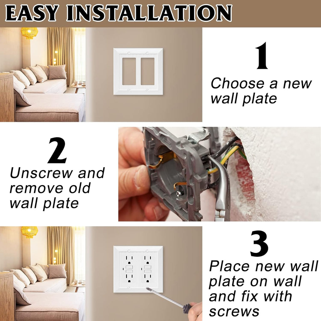 Modern Decorative Wall Plate Switch Plate Outlet Cover, Vintage Retro Wood Grain Design (Double Decorator-10 Pack, White)