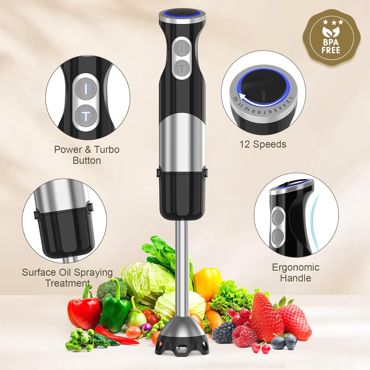 Immersion Blender Handheld 5 in 1-1100W Scratch Resistant Blender Stick, 12 Speed and Turbo Boost Hand Blender with Chopper Beaker Whisk and Milk Frother for Milkshake Puree Smoothie Food