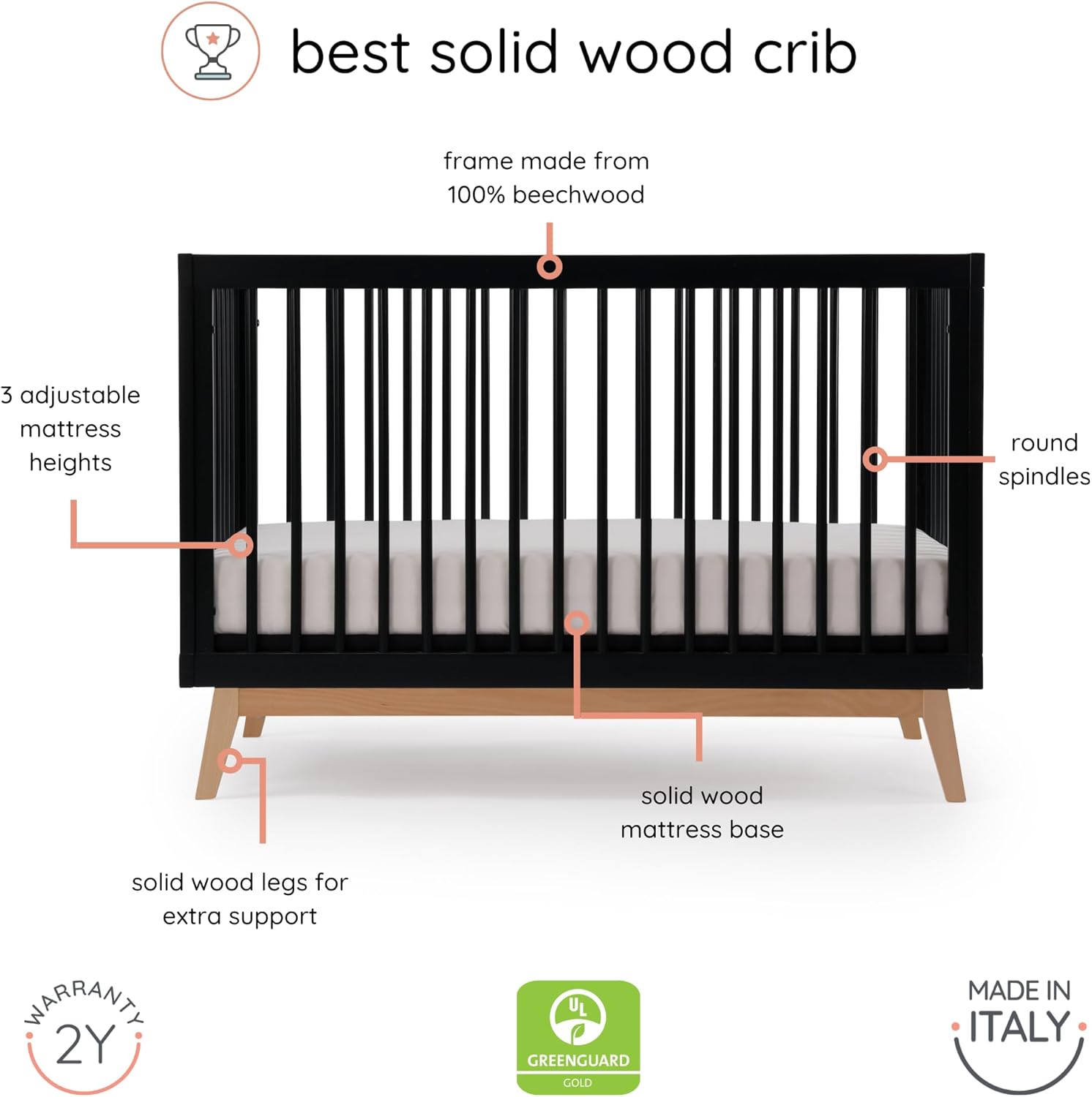 dadada Baby Soho 3-in-1 Convertible Wooden Crib to Toddler Bed - Made in Italy, GREENGUARD Gold Certified, Baby-Safe Finish, Sustainable Beech Wood, Modern Design, 3 Adjustable Heights (Black/Natural)