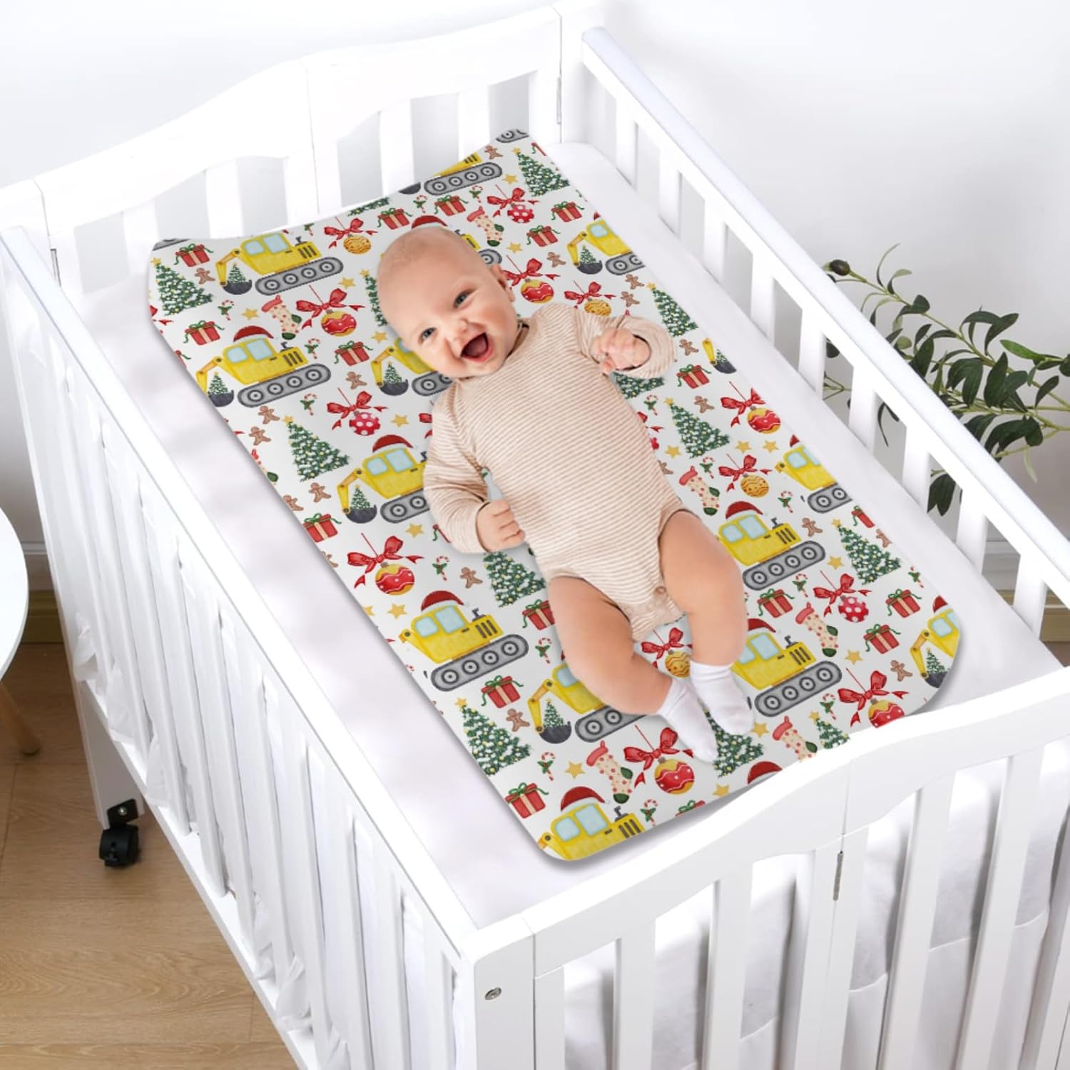 Christmas Truck Excavator Tractor Changing Pad Cover Construction Trucks Unisex Diaper Change Table Sheets for Boys Girls Winter Xmas Gift Soft Stretch Fitted Changing Table Mats 32''x16''