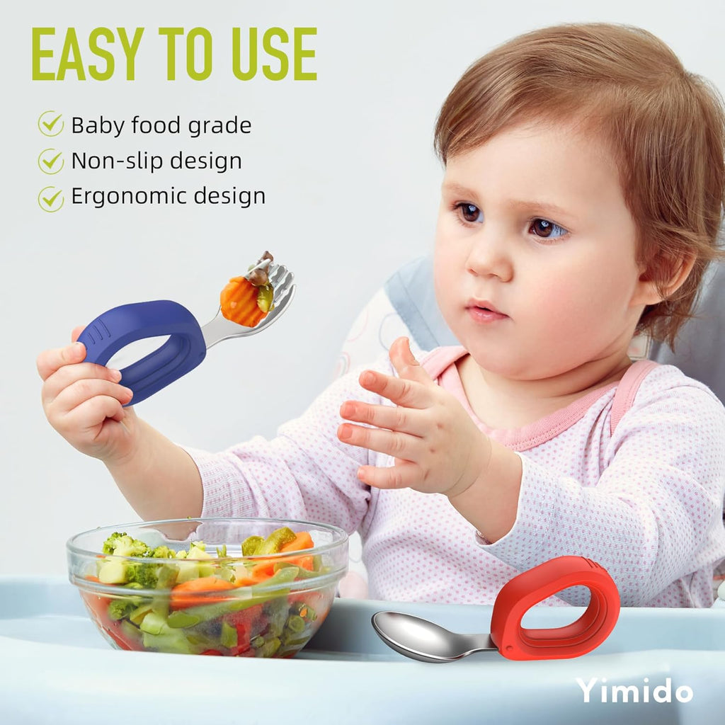 Toddler Utensils Baby Utensils Toddler Forks and Spoons Baby Forks and Spoons Set Kids Stainless Steel Silverware Set Children Safe Forks and Spoons self feedig-Dishwasher Safe(Red+Blue)
