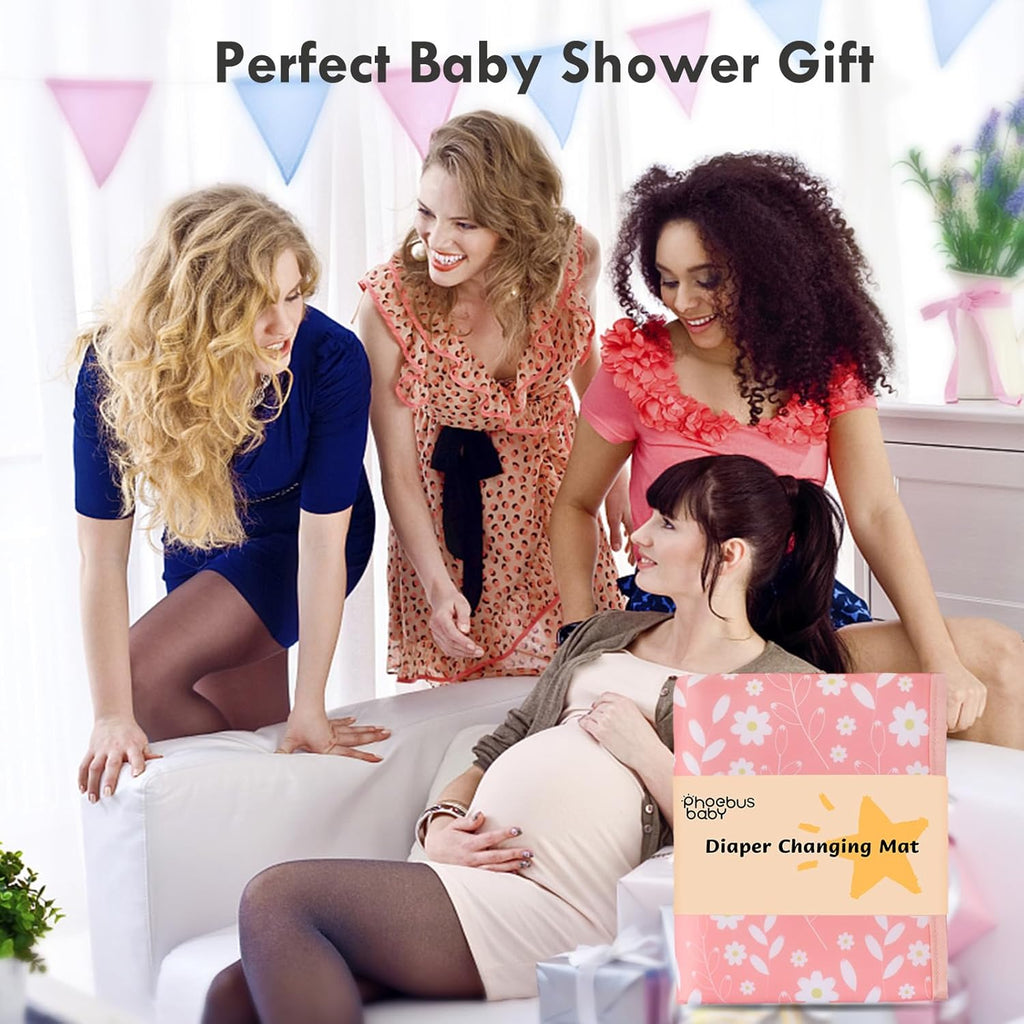 Portable Diaper Changing Pad for Baby - Waterproof Compact Changing Mat with Wrist Strap - Wipeable Travel Changing Pad for Diaper Bag - Gifts for Baby Shower by PHOEBUS BABY(Pink Flowers)