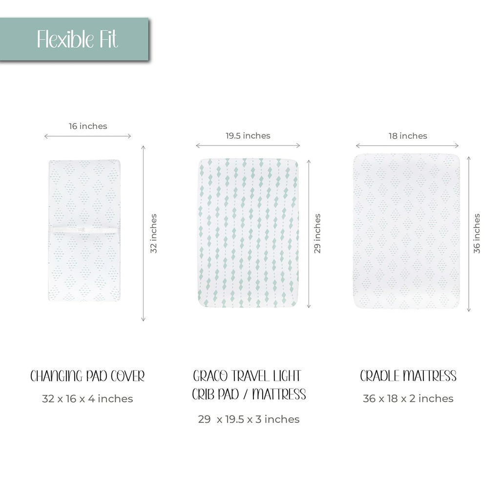 Changing Pad Cover - Cradle Sheets Fits Baby Mattress Sheet 36" X 18 - Unisex Grey Sage Diamond - 2 Pack Set