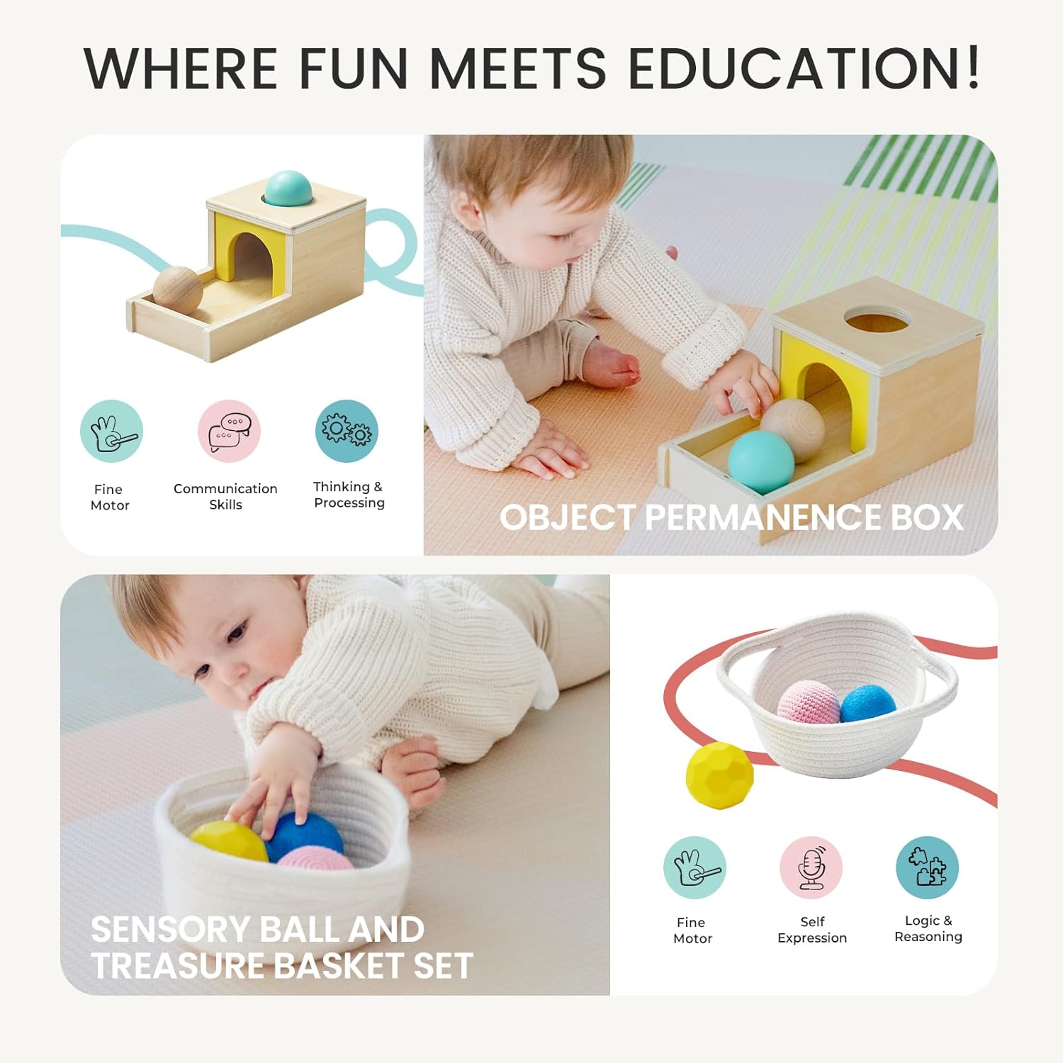 Tiny Land Montessori Toy Set for Babies 7-9 Months Senser Play Kit - 5-in-1 Wooden Learning Toys with Object Permanence Box, Sensory Ball, Stacking Cups and Mirror Puzzle,Body Board Book