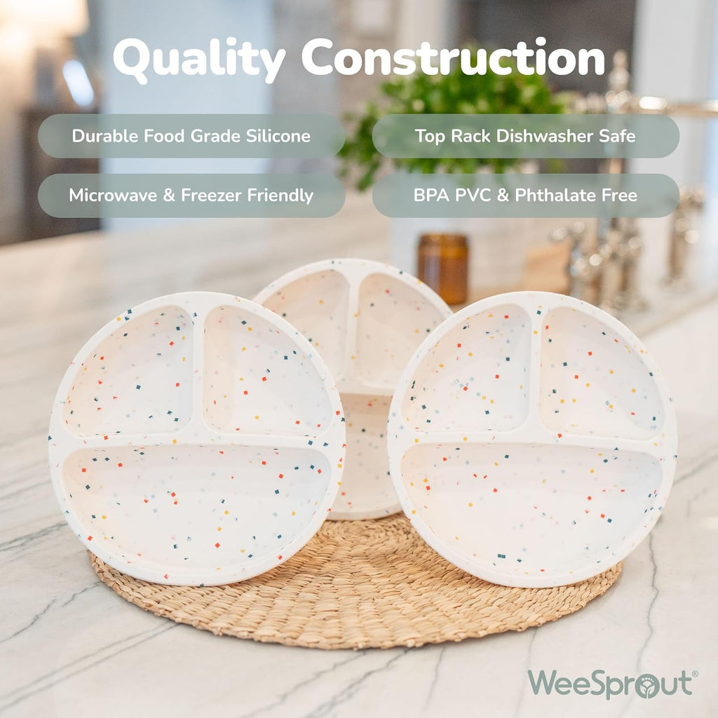 WeeSprout Suction Plates for Babies & Toddlers - 100% Silicone, Dinnerware Stays Put, Divided Design for Picky Eaters, Microwave & Dishwasher Friendly, 3 Pack