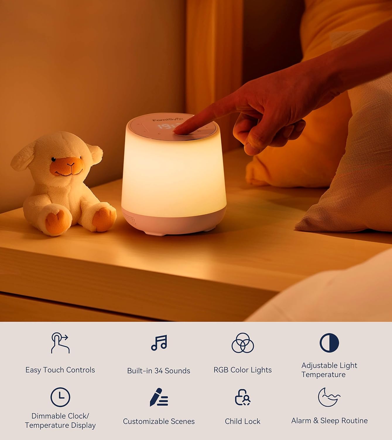 FamiSym White Noise Machine for Baby & Kids, Nursery Night Light & Alarm Clock, Dimmable Clock & Temperature Display, 34 Soothing Sounds, Toddler Sleep Trainer