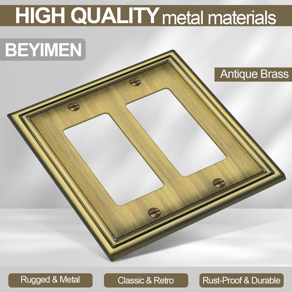 Double Decorator Switch Covers Wall Plate, Antique Brass Decorative Rocker Switch Plates Outlet Covers for Receptacle, GFCI Outlet, Dimmer - Classic Style, 3 Pack