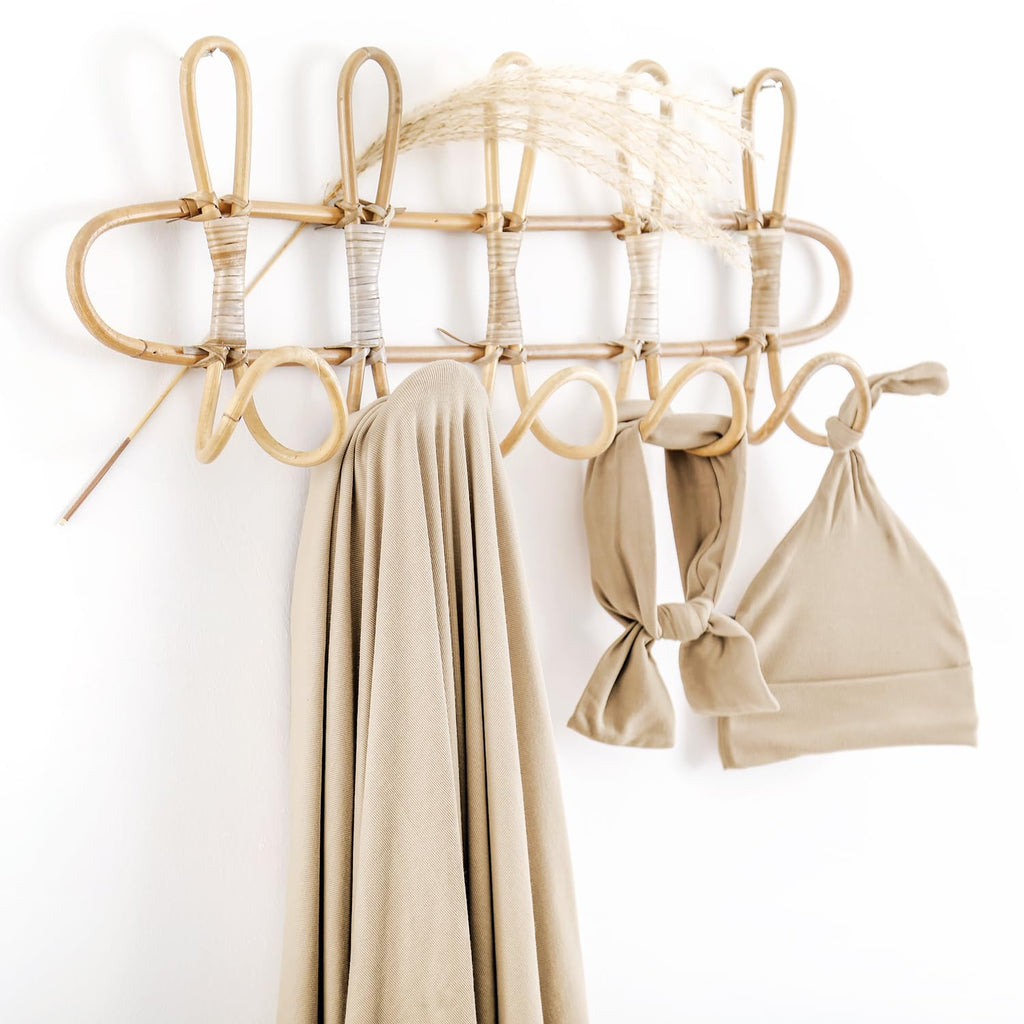 GRSSDER Newborn Blanket, Ultra Soft Jersey Receiving Blanket with Matching Headband and Beanie Set, Stretchy Baby Swaddle 47×47", Extra Large Neutral Swaddle Wrap for Girls and Boys