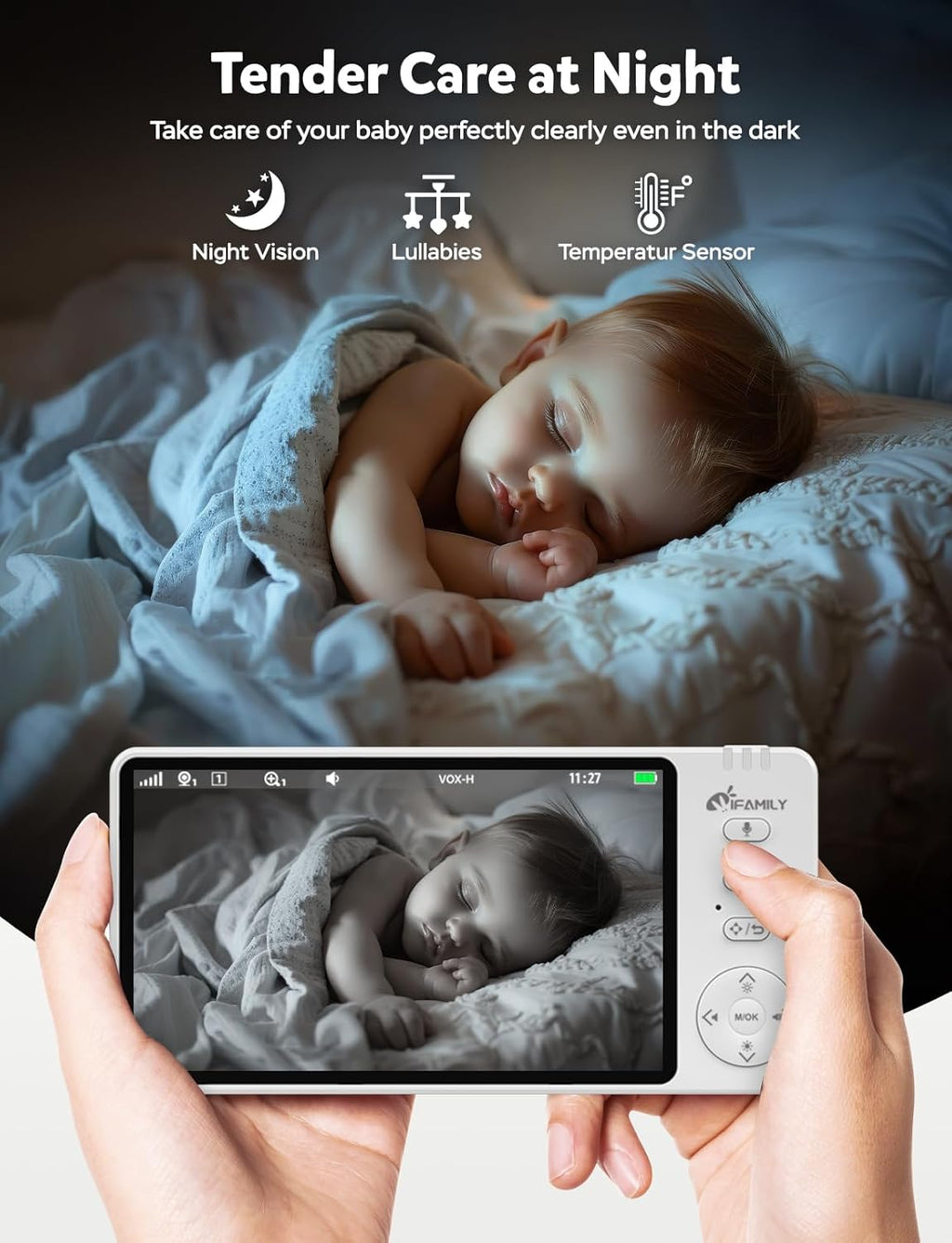 iFamily Baby Monitor with Camera and Audio – 720P HD Resolution, Large Display, 5000mAh Battery, Night Vision, Remote Pan, Tilt, and Zoom – Two-Way Talk, Lullabies, Thermal Monitor, 960ft Range