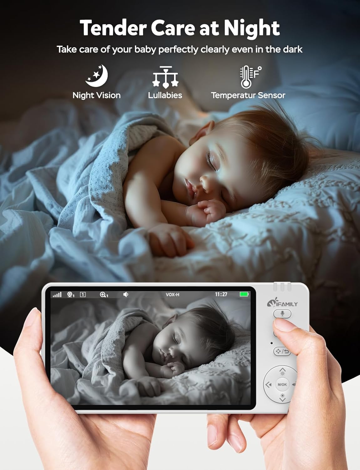 iFamily Baby Monitor with Camera and Audio – 720P HD Resolution, Large Display, 5000mAh Battery, Night Vision, Remote Pan, Tilt, and Zoom – Two-Way Talk, Lullabies, Thermal Monitor, 960ft Range