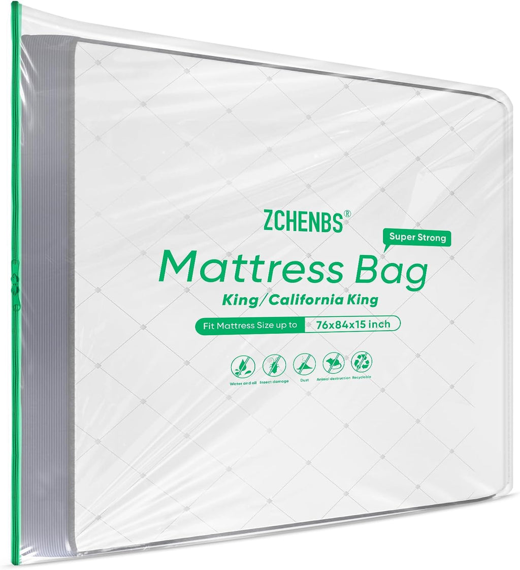 ZCHENBS® – Mattress Bags for Moving and Storage,Mattress Bag with Zippers,5 Mil Ultra-Thick Bed Bag,Waterproof,Anti-Tear,Heavy-Duty Mattress bag (Tansparent/Green, King/California King-(2 Pack))
