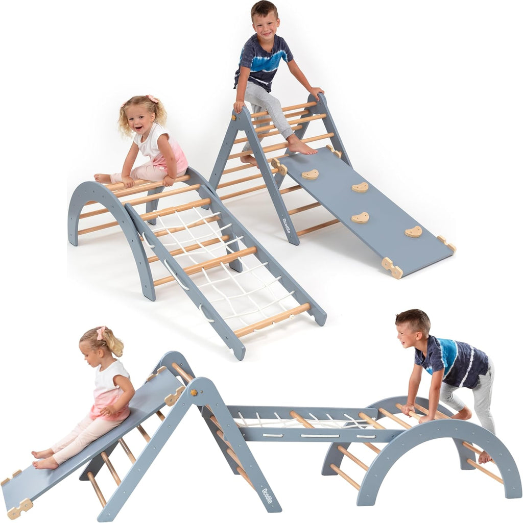 6-in-1 Pikler Triangle Climbing Set - Climbing Toys for Toddlers - Montessori Climbing Set - Indoor Wooden Play Gym for 2-6-Year-Olds - Light Gray