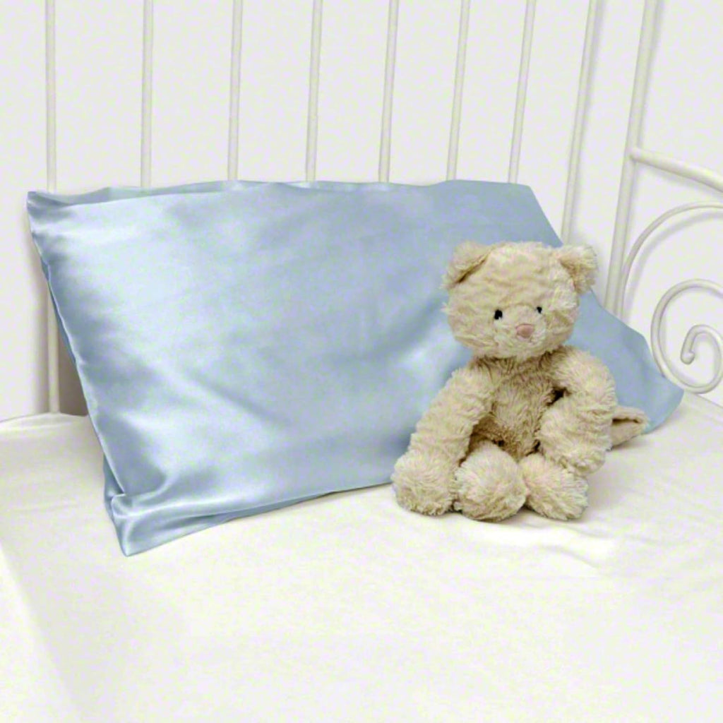 Organic Silk Baby Pillowcase with Zipper, Small 10"x13" Pillow Cover for Boys & Girls, Ideal for Bed & Travel, Soft for Kids Hair & Skin, Hypoallergenic Pillowcases for Toddlers (Blue Grey+ Pillow)