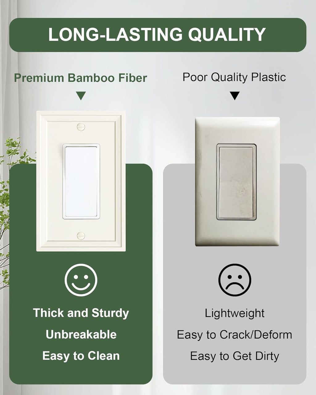 4-Pack Decorator Outlet Cover Plate, Light Almond Modern Decorative Switch Plates and Outlet Covers, Natural Bamboo Fiber Wall Plates for Electrical Outlets