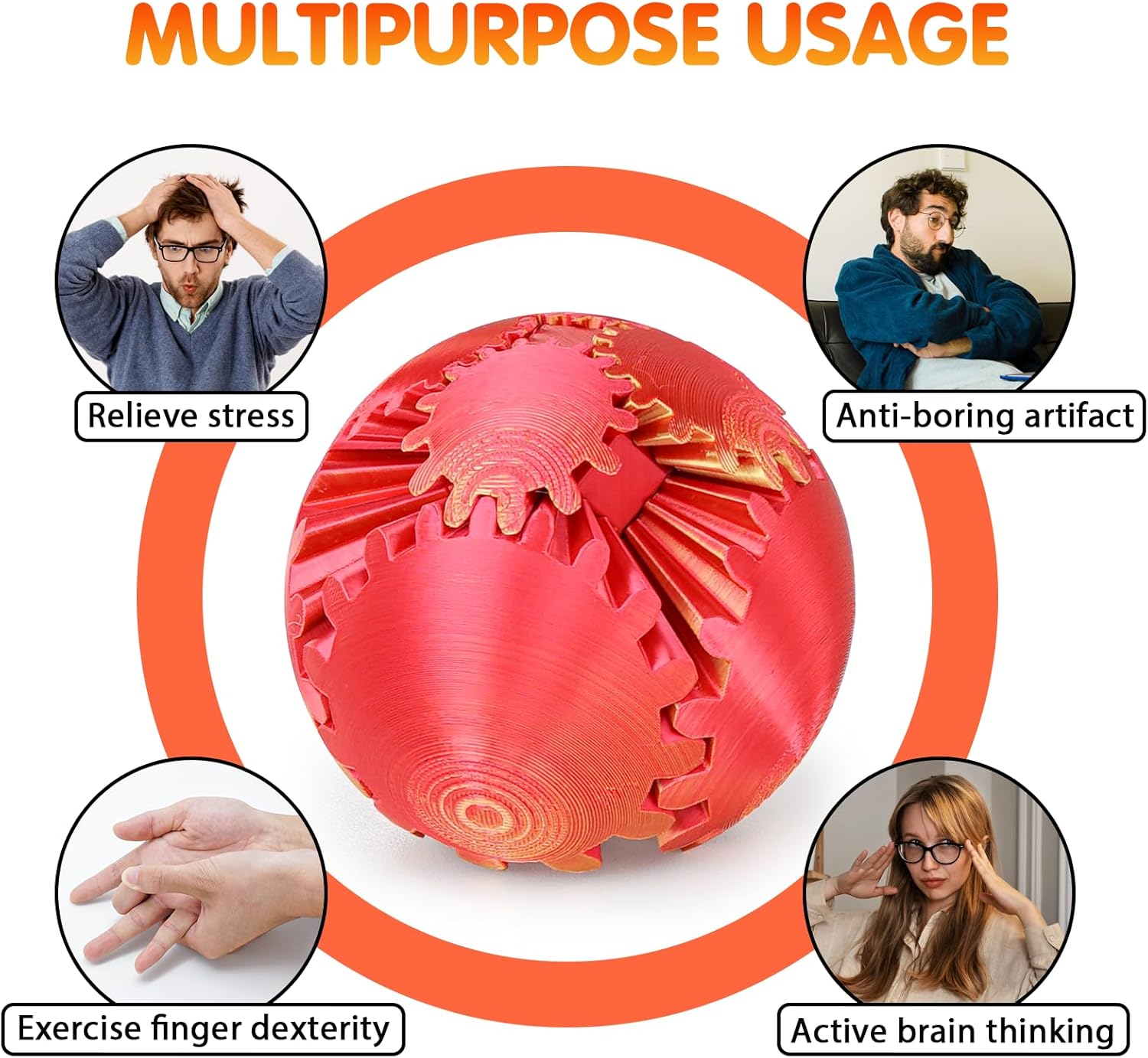 Gear Ball Fidget Toy - 3D Printed Stress Relief Spinner, Educational and Fun Gift for Kids & Adults, Durable & Eco-Friendly, Ideal for Birthday (Orang Red)