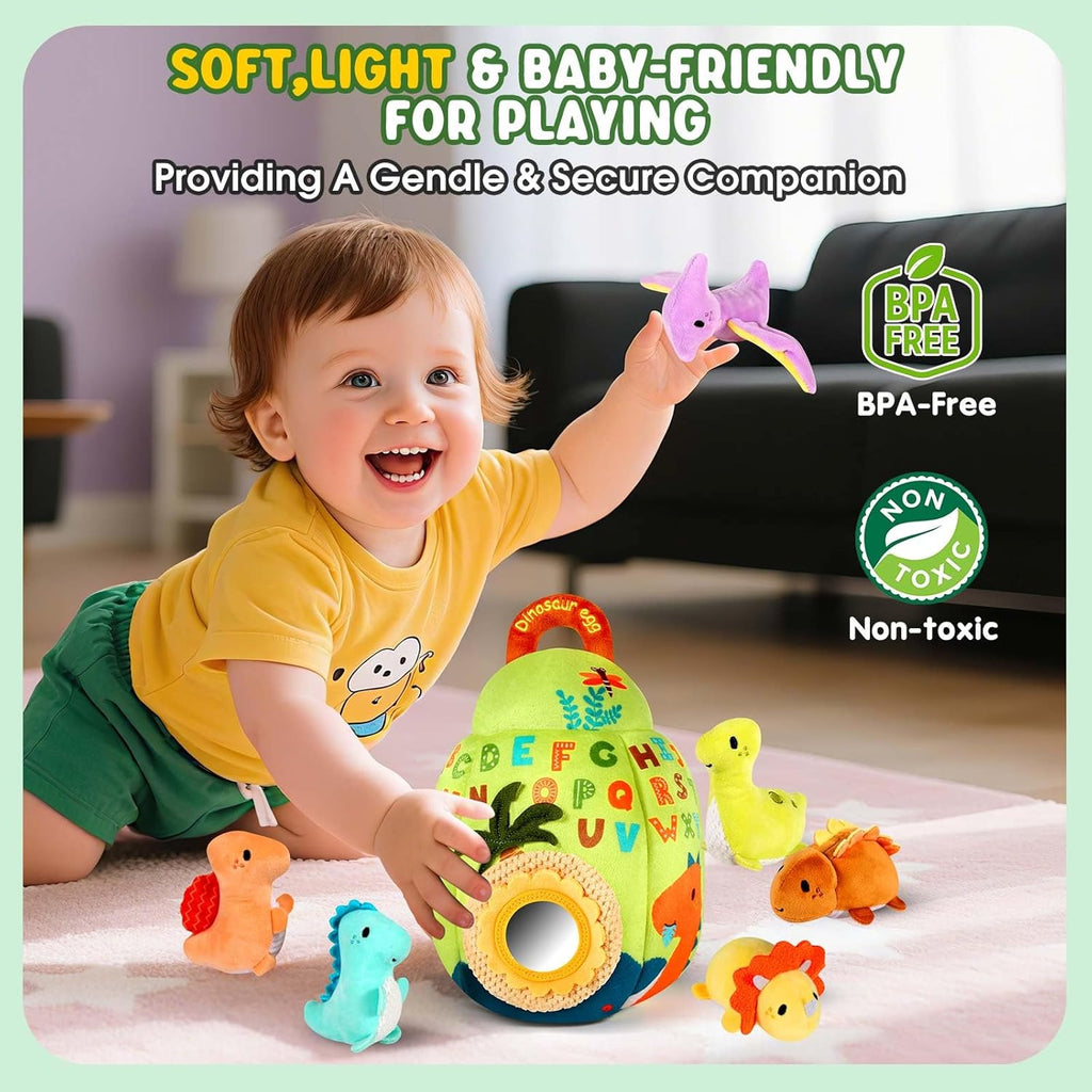 Baby Toys 6-12 Months - Soft Dinosaur Egg Toy with Rattle, Crinkle Paper, Squeaker, Mirror - Baby Sensory Toys for 6+ Month Old Developmental, Montessori Toys for 1 Year Old Boy Girl Gifts