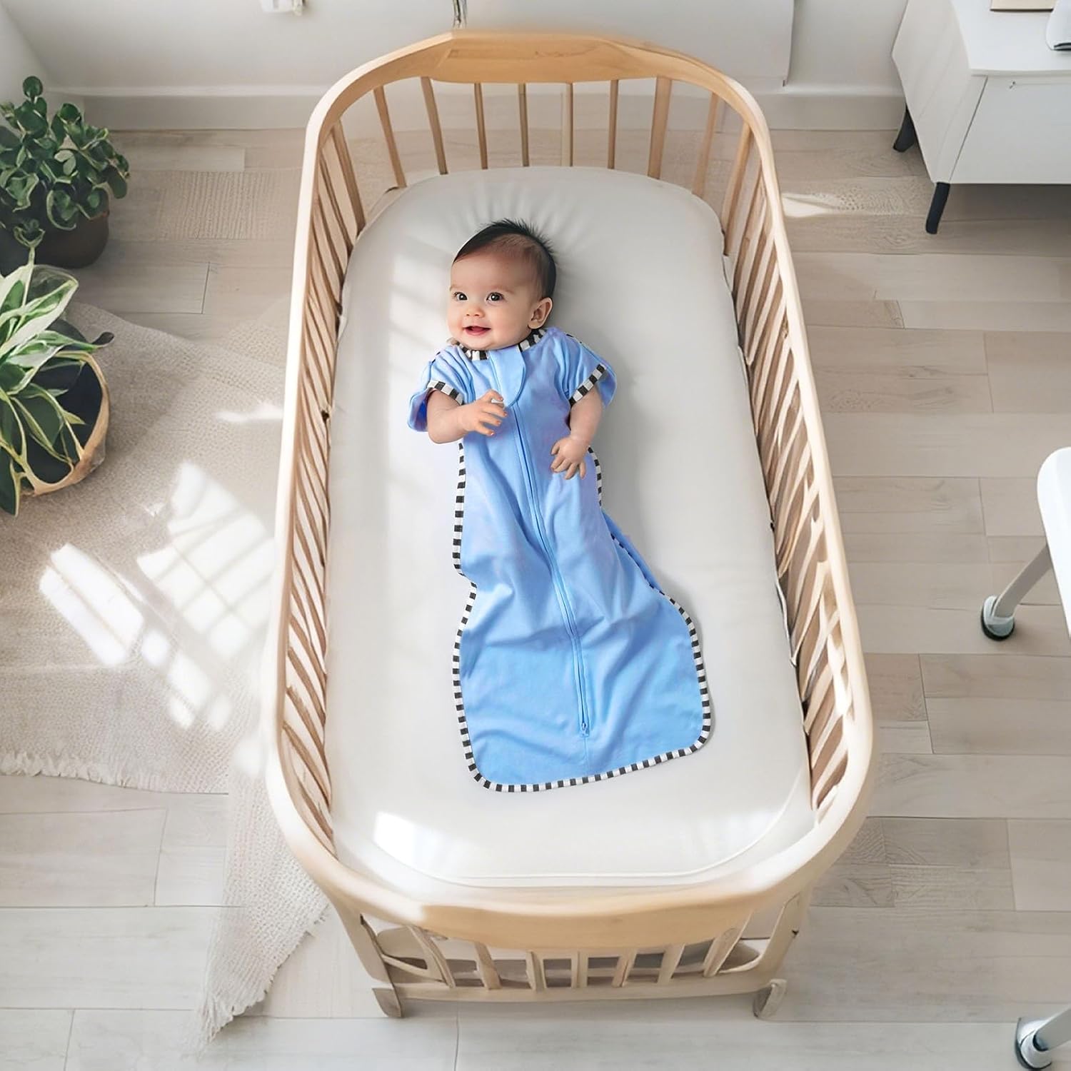 Transition Swaddle, 2 Pack 100% Cotton Baby Sleep Sack, 2-Way Zipper Infant Arm Up Swaddle for Newborn Baby Boys Girls (Khaki + Sky Blue, L(6-9 Months))