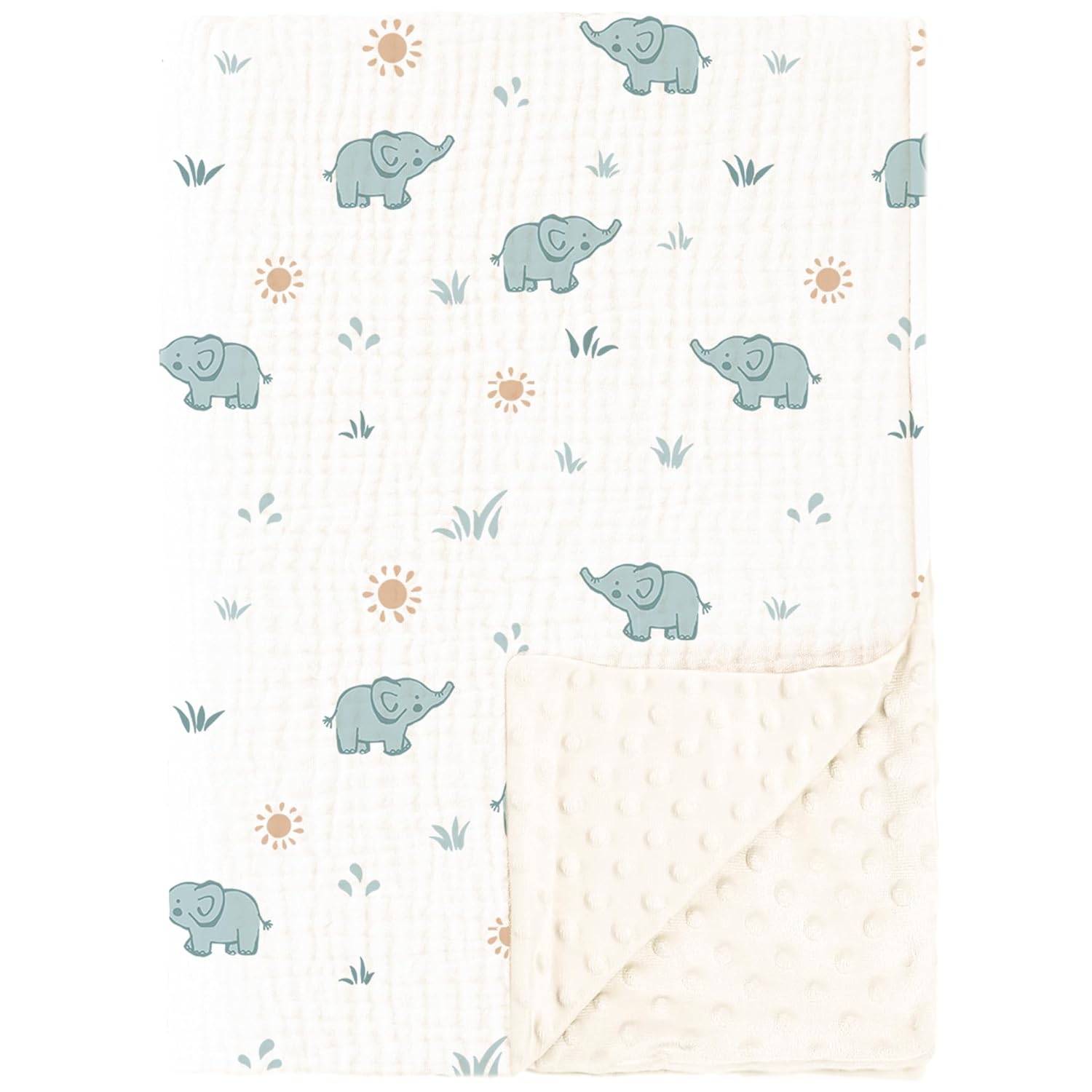Konssy Baby Blankets for Unisex Boys Girls, Super Soft Nursery Minky Blankets with Muslin Cotton Front and Dotted Fleece Backing, Printed Bed Throws Newborn
