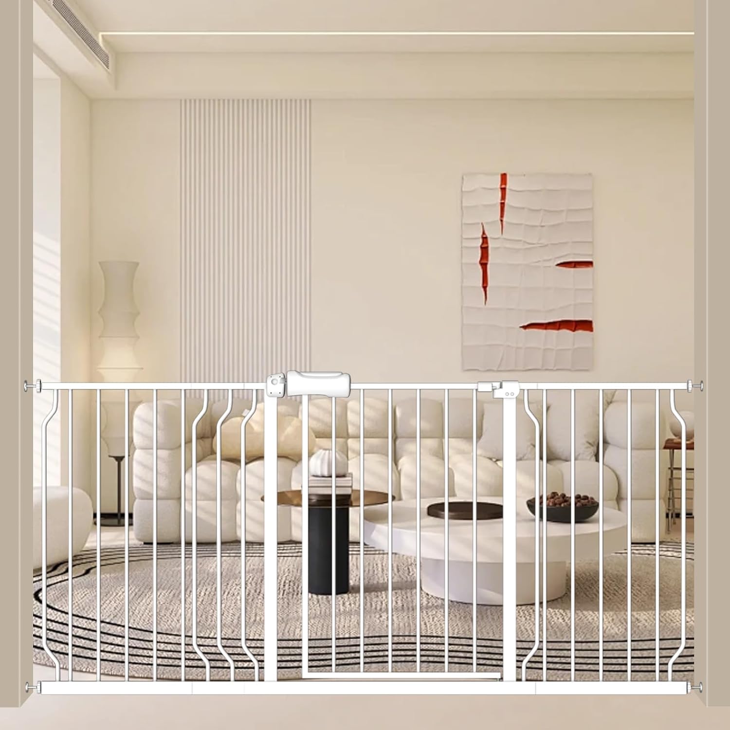 ALLAIBB Extra Wide Baby Gate Pressure Mount with Auto-Close, White Metal Safety Gate for Stairs & Doorways - Child Proof, Pet Barrier for Hallways, Kitchen, Living Room for 62.02-66.93 inch