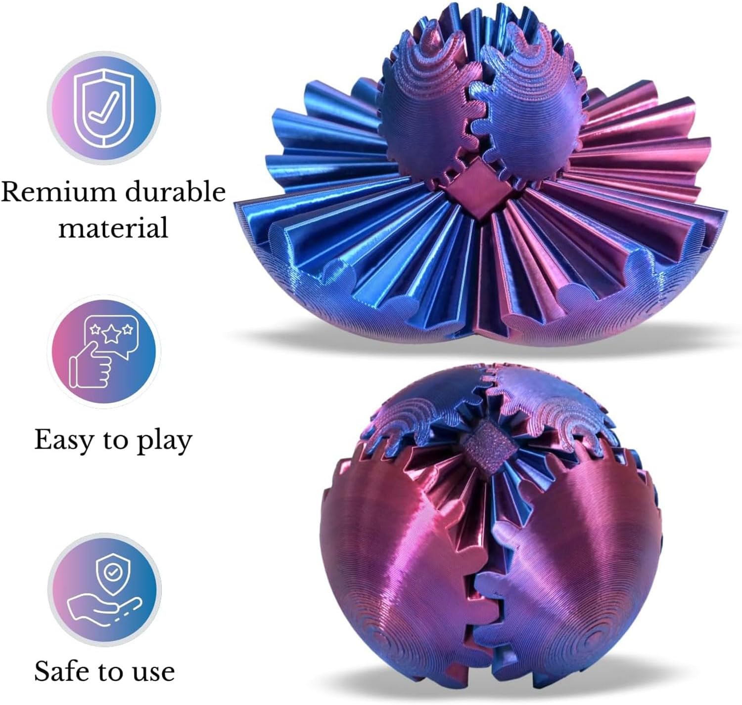 Gear Ball, Gear Sphere 3D Printed Gear Ball Fidget Toy Spin Ball, GearSphere Desk Toy, Stress Ball, Fidget Ball, Gear Toy for Stress and Anxiety Relaxing (Laser Red Blue)