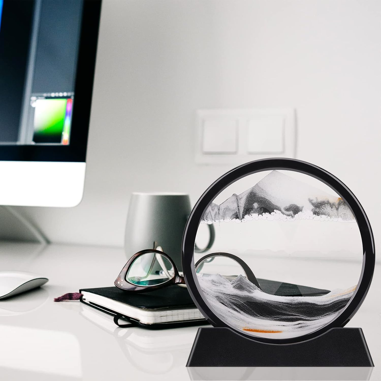 QLKUNLA Moving Sand Art Picture Liquid Motion 3D Deep Sea Sandscape in Motion Display Flowing Sand Frame Relaxing Desktop Home Office Work Decor Art Toys (7 inch, Black)