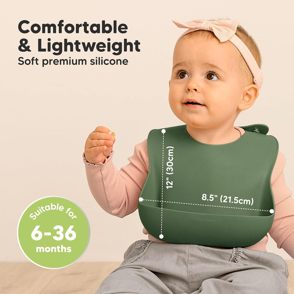 KeaBabies 2-Pack Silicone Baby Bibs for Eating - Sturdy Food-Grade Silicone Bibs for Babies Girl, Boy, Large Food Catcher, Clean & Put On Easily, Waterproof Toddler Feeding Essentials (Forest)