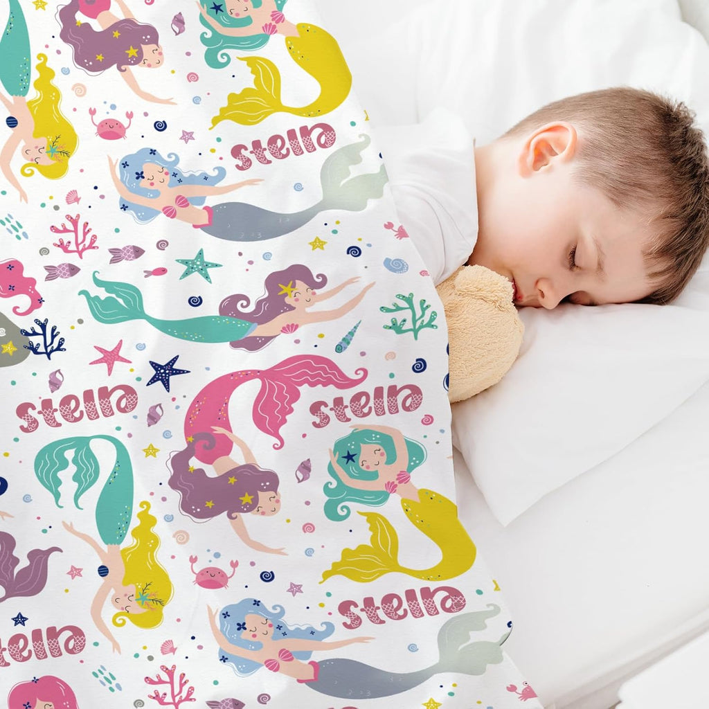 Personalized Baby Blanket with Name, Custom Mermaids Name Blanket Toddler Girls Soft Flannne Swaddling Blankets Customized Monogram Memorial Gift from Nana for Infant Newborn Shower